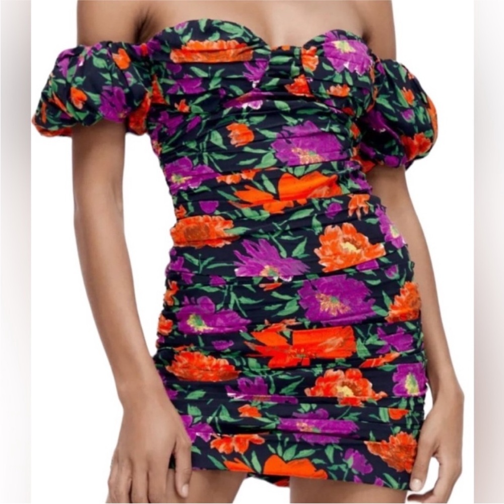 Zara floral ruched off the shoulder mini dress